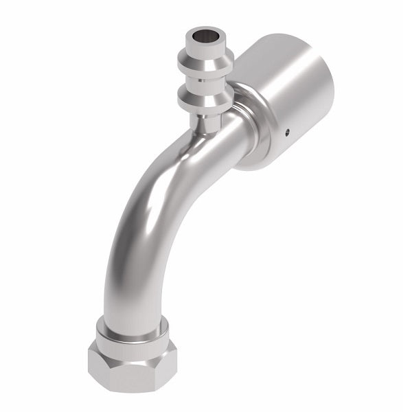 75712E-Z01 Weatherhead by Danfoss | 757 'E' Series | Female Bumped Tube O-Ring Swivel Tube 90° Elbow with R134a Low Service Port Crimp Fitting | -10 Female Bumped Tube O-Ring Swivel x -10 Hose Barb | Steel