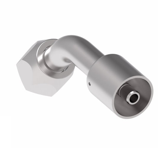 75706E-486 Weatherhead by Danfoss | 757 'E' Series | Female SAE 45° Flare Swivel Tube 45° Elbow Crimp Fitting | -06 Female SAE 45° Flare Swivel x -05 Hose Barb | Steel