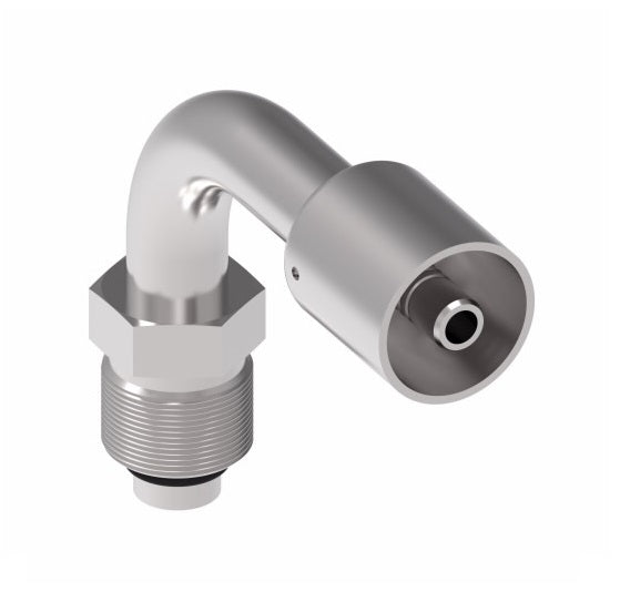 75706E-Z66 Weatherhead by Danfoss | 757 'E' Series | Male Bumped Tube O-Ring Swivel Tube 90° Elbow Crimp Fitting | -06 Male Bumped Tube O-Ring Swivel x -05 Hose Barb | Steel