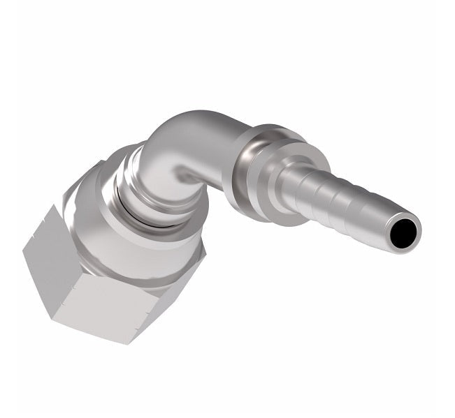 26741-06-04H11ZF Winner by Danfoss | Female JIC 37° Swivel 45° Elbow 2-Piece Hose Crimp Fitting (11mm Drop) | -06 Female JIC 37° Swivel x -04 Hose Barb | Steel