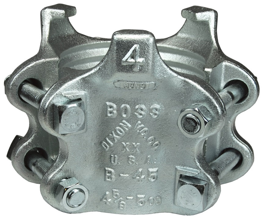 B49 by Dixon Valve | Boss® Clamp | 6-Bolt Type | 3-Gripping Fingers | 4" Hose ID | Hose OD: from 5-34/64" to 5-60/64" | Zinc Plated Iron