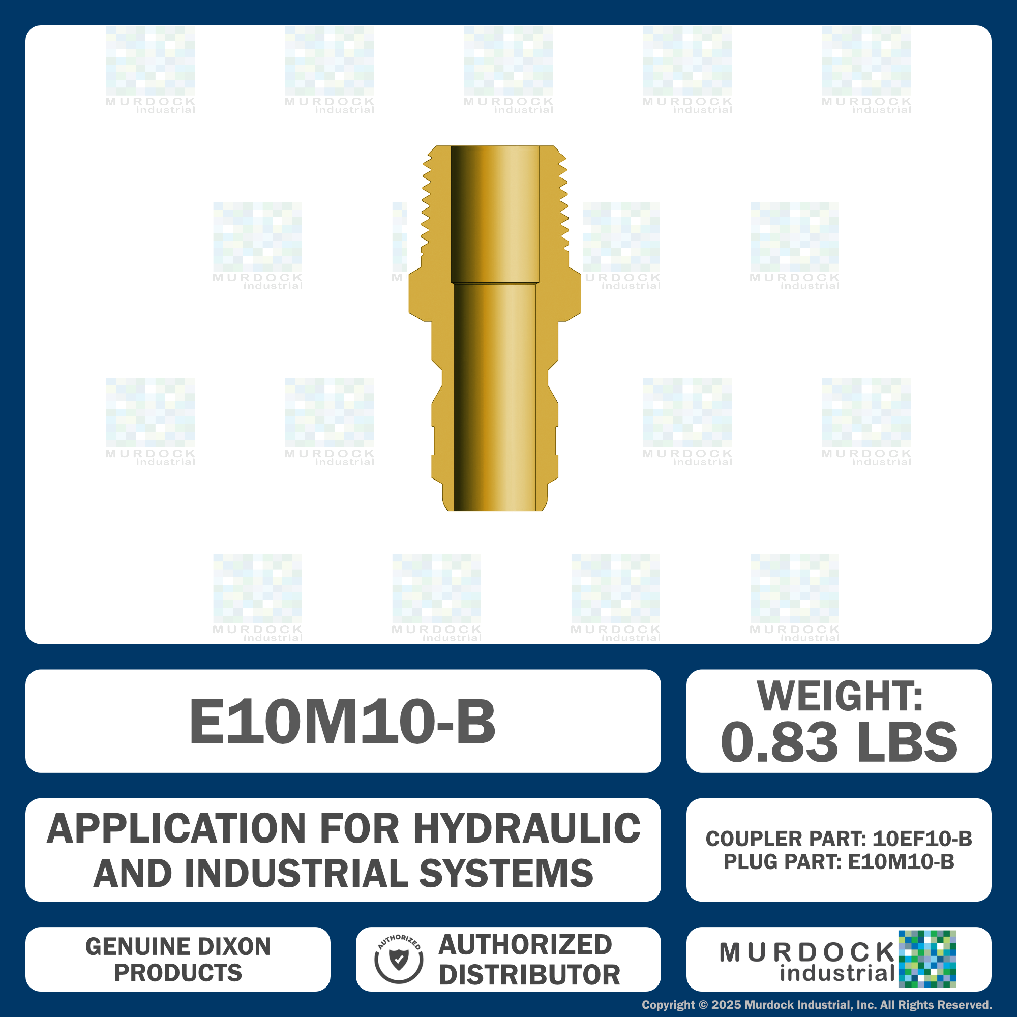 E10M10-B by Dixon Valve | Hydraulic Quick Disconnect Coupling | E-Series | 1-1/4" Male NPTF x 1-1/4" Straight-Through Interchange | Plug | Brass