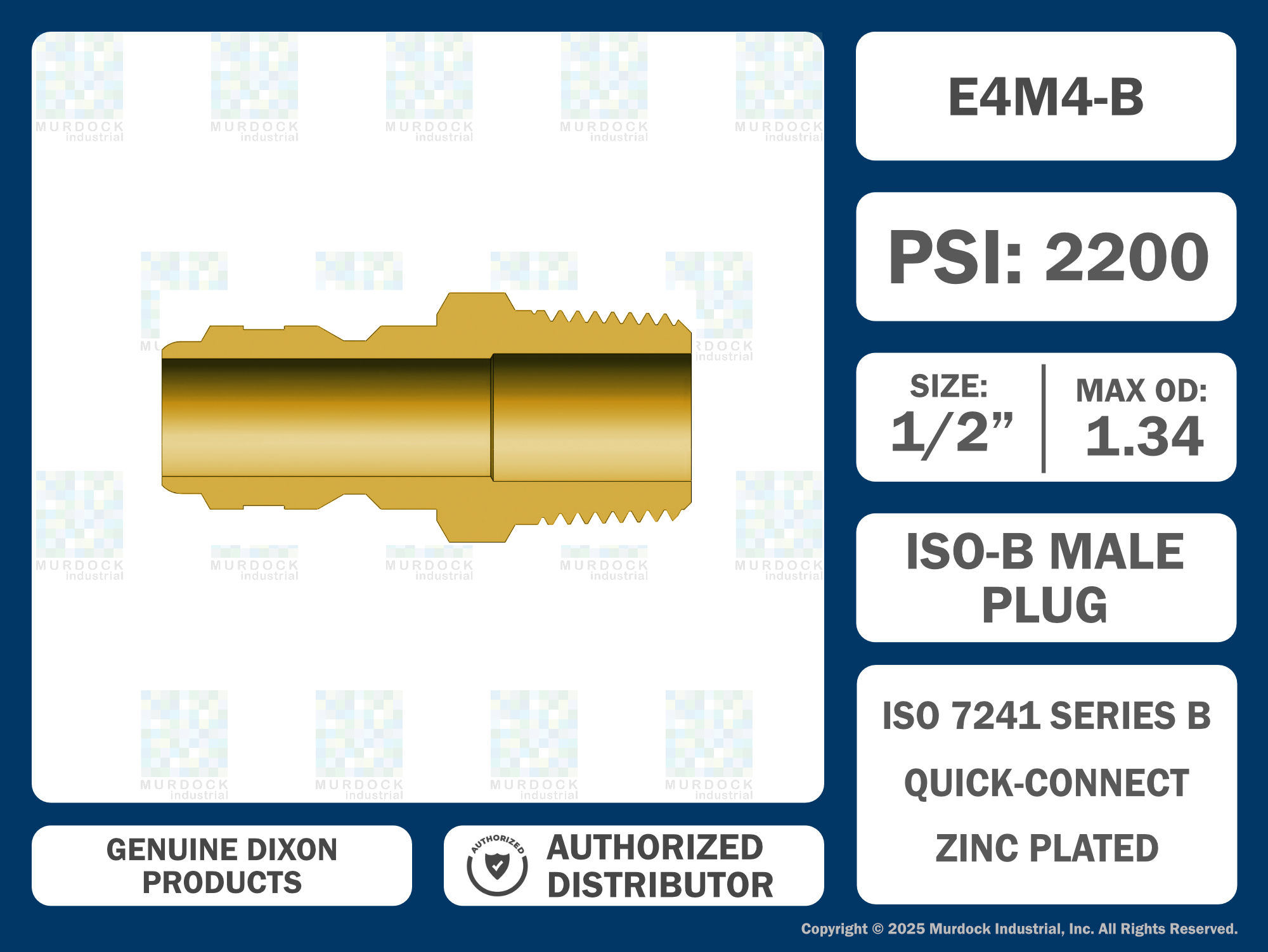 E4M4-B by Dixon Valve | Hydraulic Quick Disconnect Coupling | E-Series | 1/2" Male NPTF x 1/2" Straight-Through Interchange | Plug | Brass