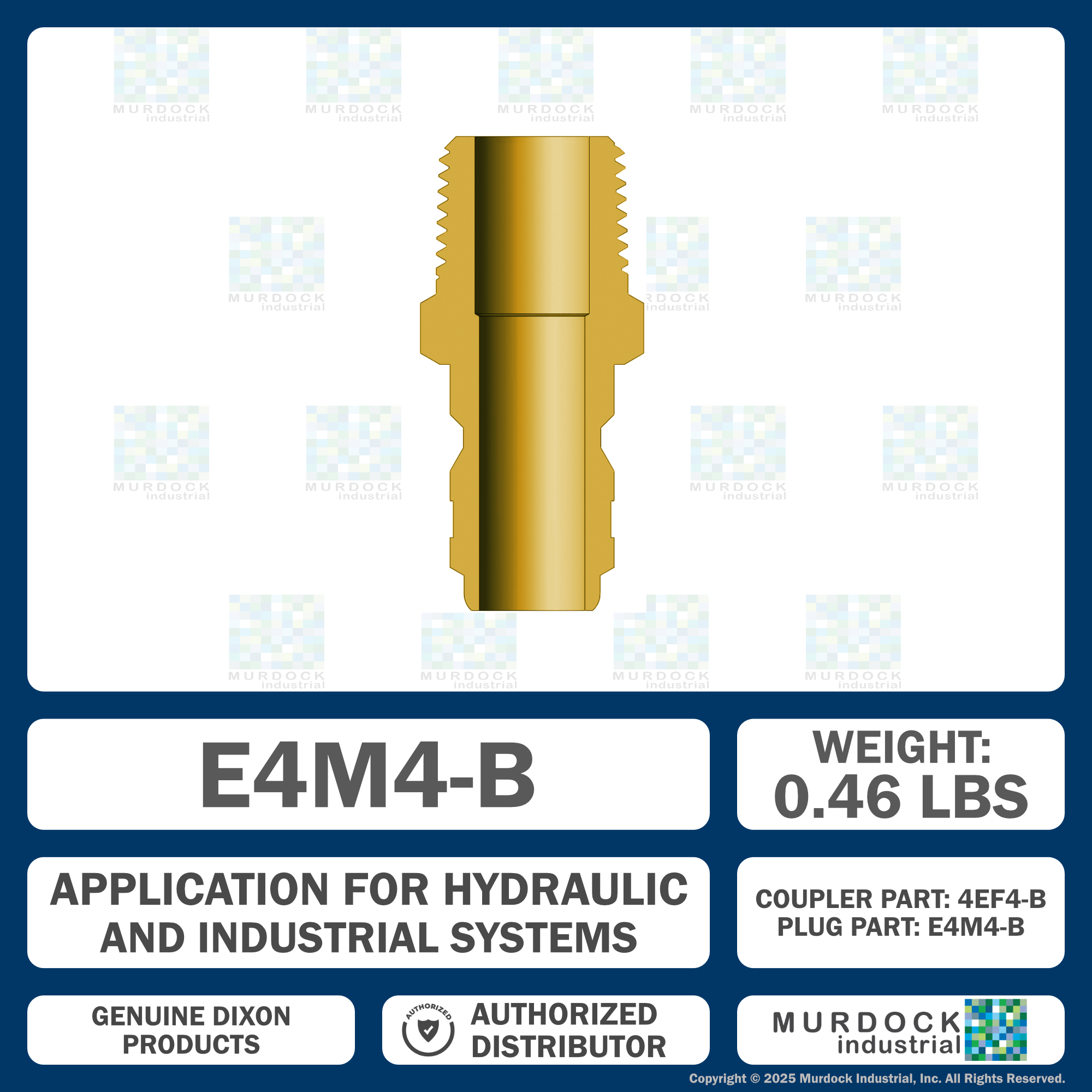 E4M4-B by Dixon Valve | Hydraulic Quick Disconnect Coupling | E-Series | 1/2" Male NPTF x 1/2" Straight-Through Interchange | Plug | Brass