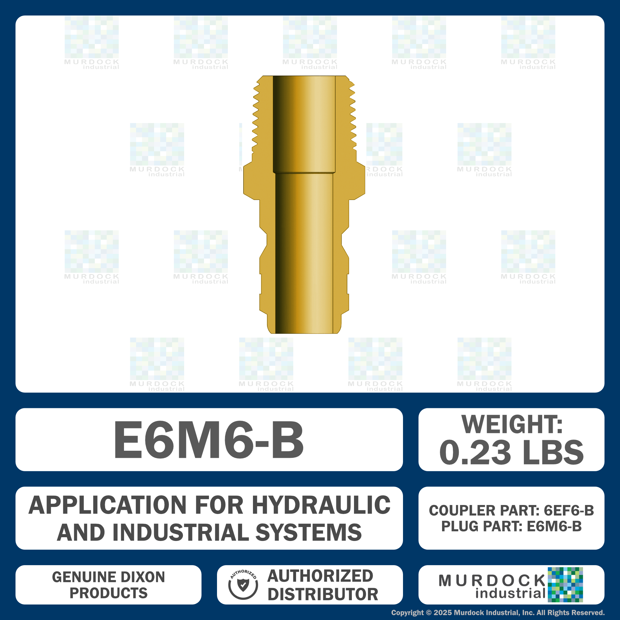 E6M6-B by Dixon Valve | Hydraulic Quick Disconnect Coupling | E-Series | 3/4" Male NPTF x 3/4" Straight-Through Interchange | Plug | Brass