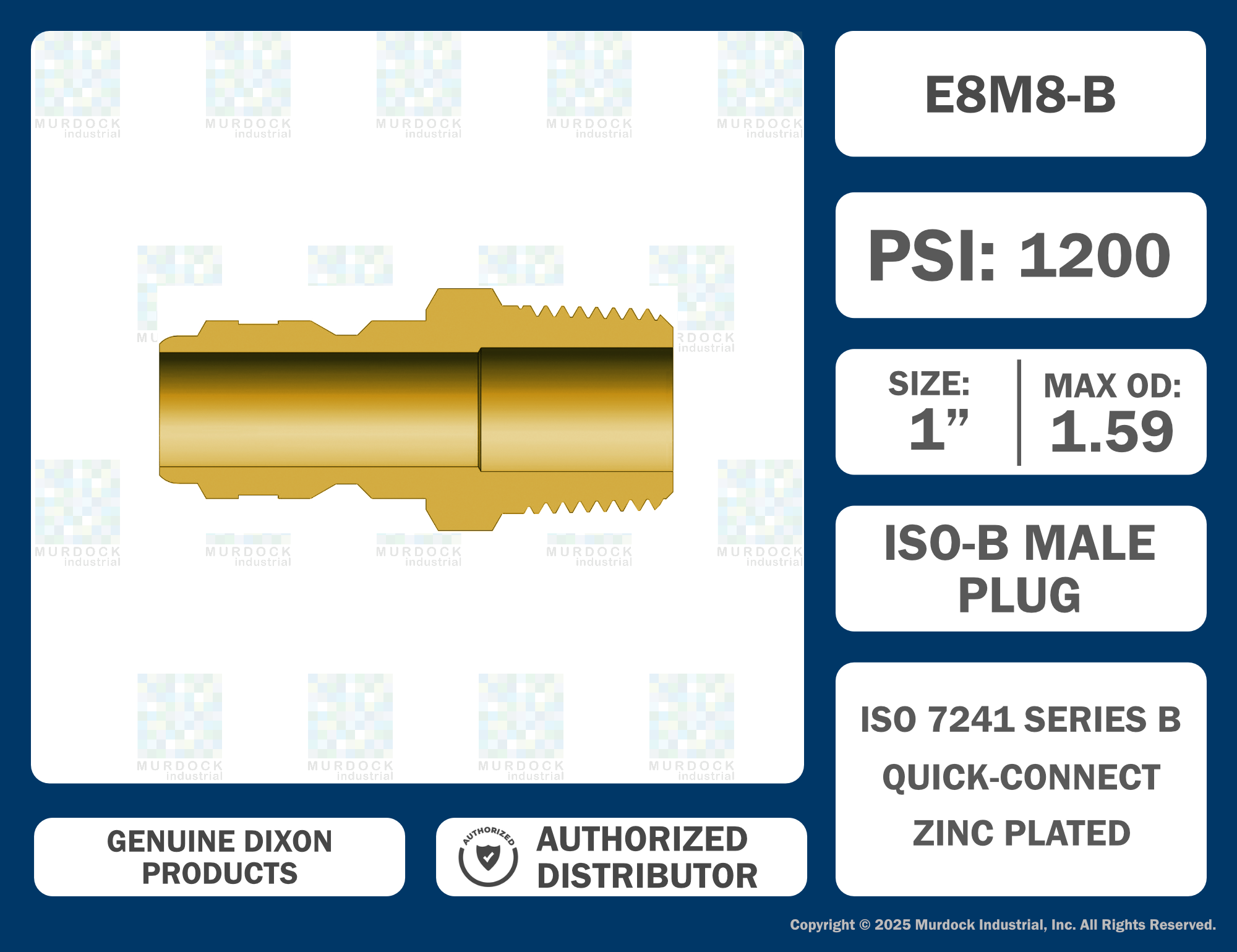 E8M8-B by Dixon Valve | Hydraulic Quick Disconnect Coupling | E-Series | 1" Male NPTF x 1" Straight-Through Interchange | Plug | Brass
