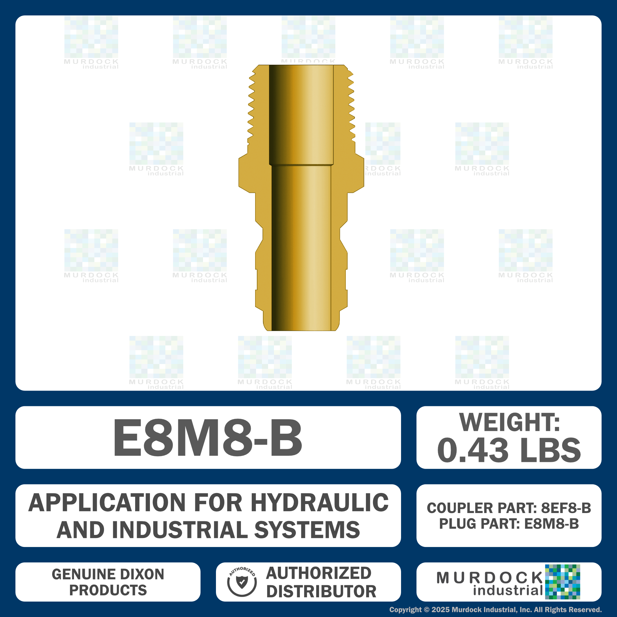 E8M8-B by Dixon Valve | Hydraulic Quick Disconnect Coupling | E-Series | 1" Male NPTF x 1" Straight-Through Interchange | Plug | Brass