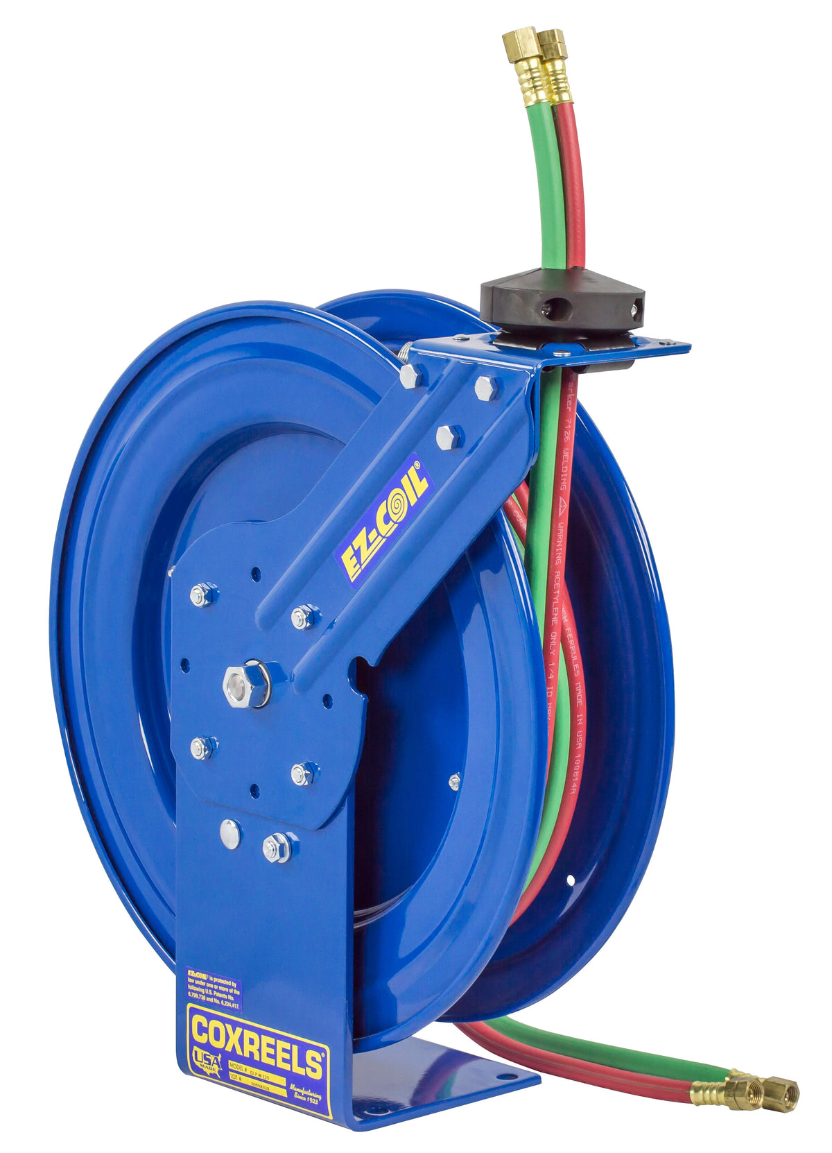 EZ-P-WT-125 by Coxreels | EZ-P-W Series | 200 PSI Dual Hose EZ-Coil Safety Spring Driven Hose Reel for Oxy-Fuel Welding (T-Grade) | 1/4" Hose ID, 1/4" FNPT Inlet x 1/4" MNPT Hose End | Steel | 25ft Neoprene Hose Included