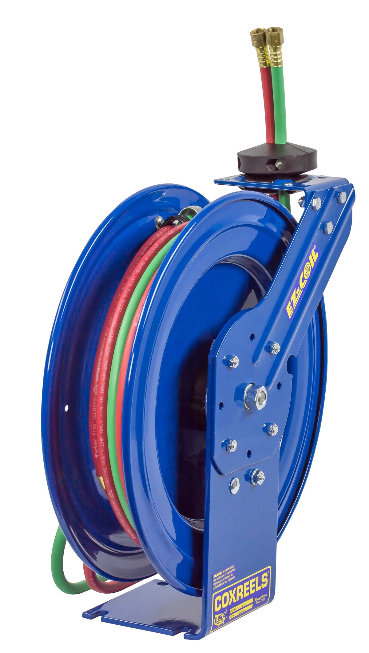 EZ-P-WT-125 by Coxreels | EZ-P-W Series | 200 PSI Dual Hose EZ-Coil Safety Spring Driven Hose Reel for Oxy-Fuel Welding (T-Grade) | 1/4" Hose ID, 1/4" FNPT Inlet x 1/4" MNPT Hose End | Steel | 25ft Neoprene Hose Included