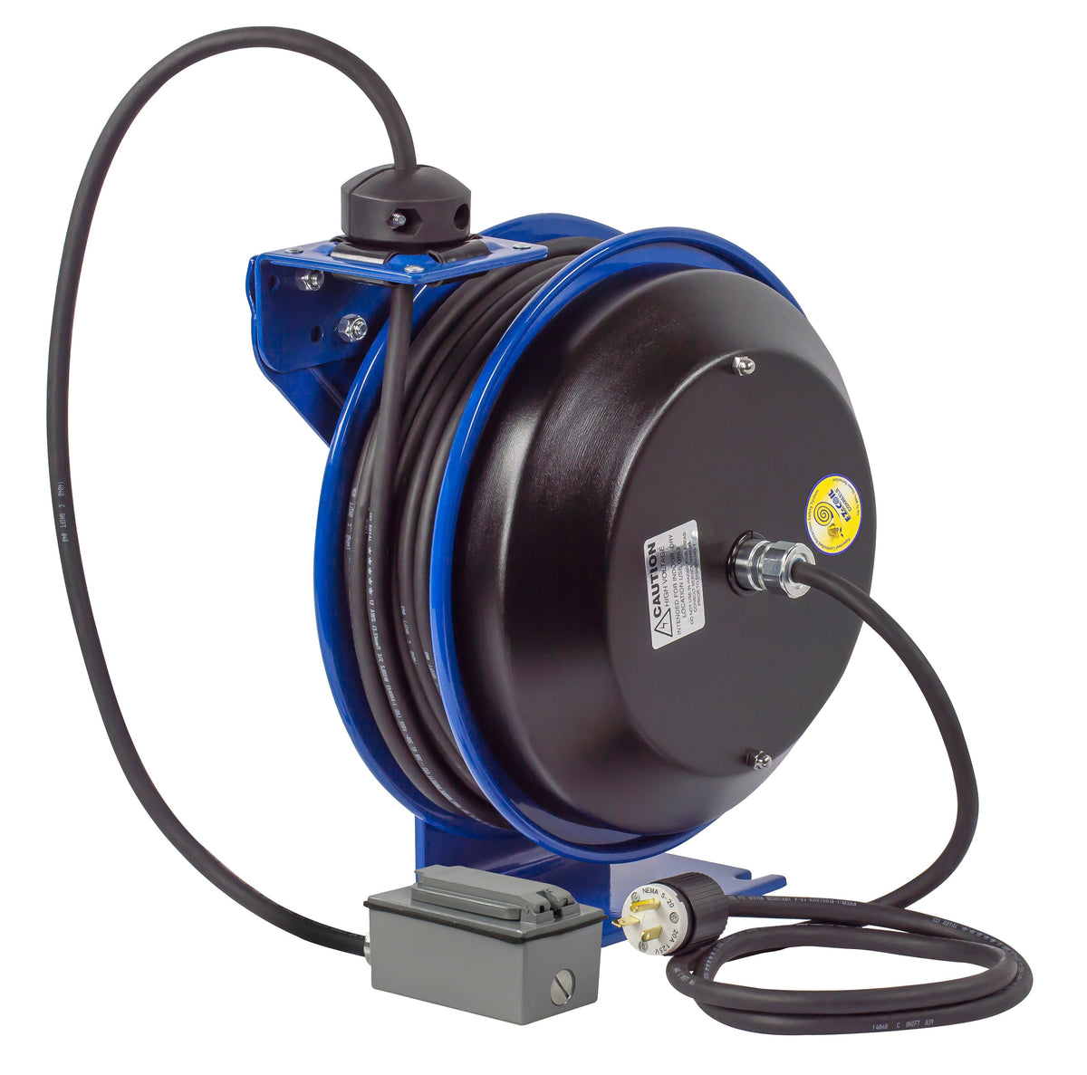 EZ-PC13-5012-F by Coxreels | EZ-PC Series | EZ-Coil Safety Spring Driven Power Cord Reel with Duplex Industrial Receptacle | 12/3 SJO Cord, 13A, 115V | Steel | 50ft Cord Included