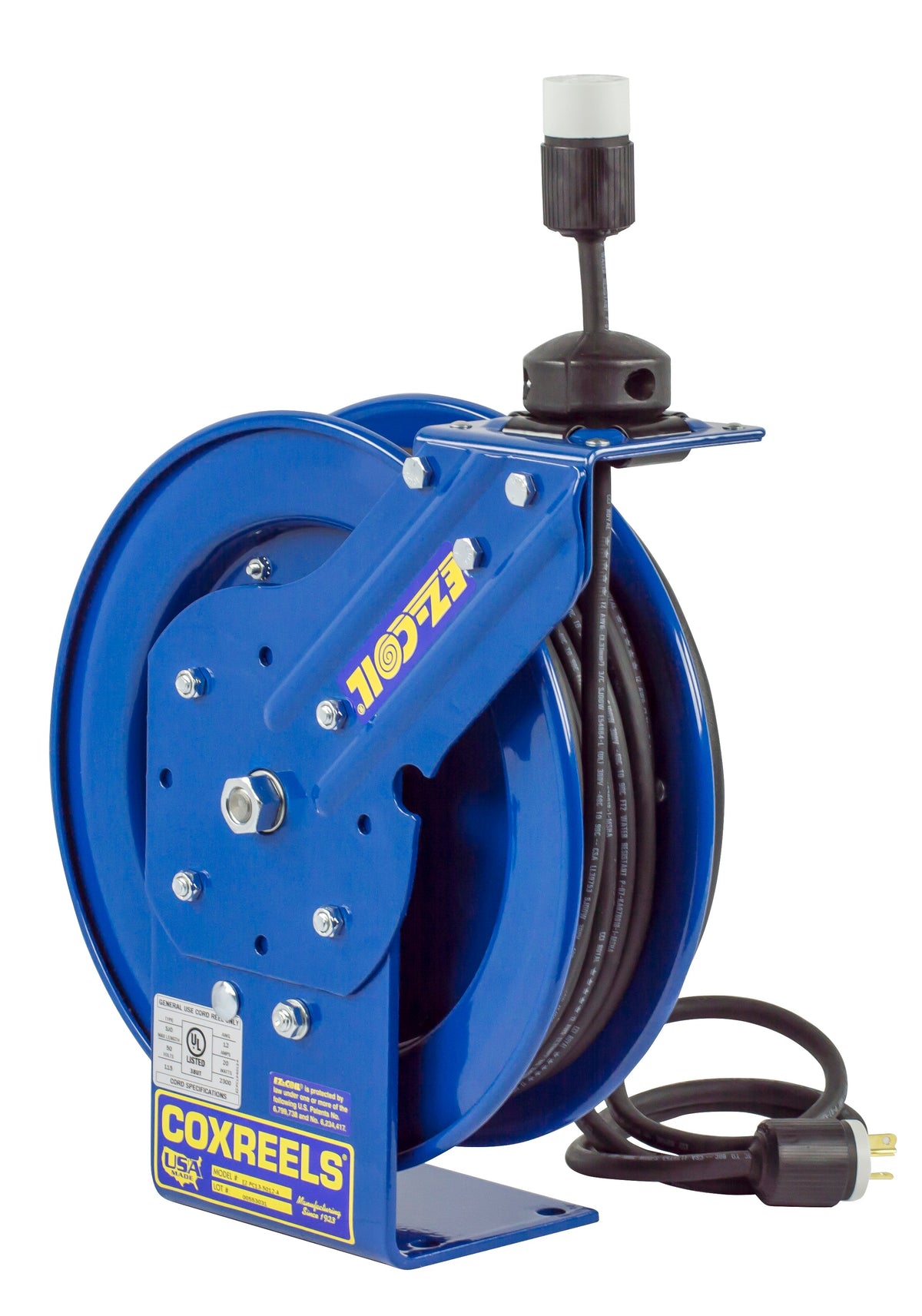 EZ-PC13-5016-A by Coxreels | EZ-PC Series | EZ-Coil Safety Spring Driven Power Cord Reel with Single Industrial Receptacle | 16/3 SJO Cord, 13A, 115V | Steel | 50ft Cord Included