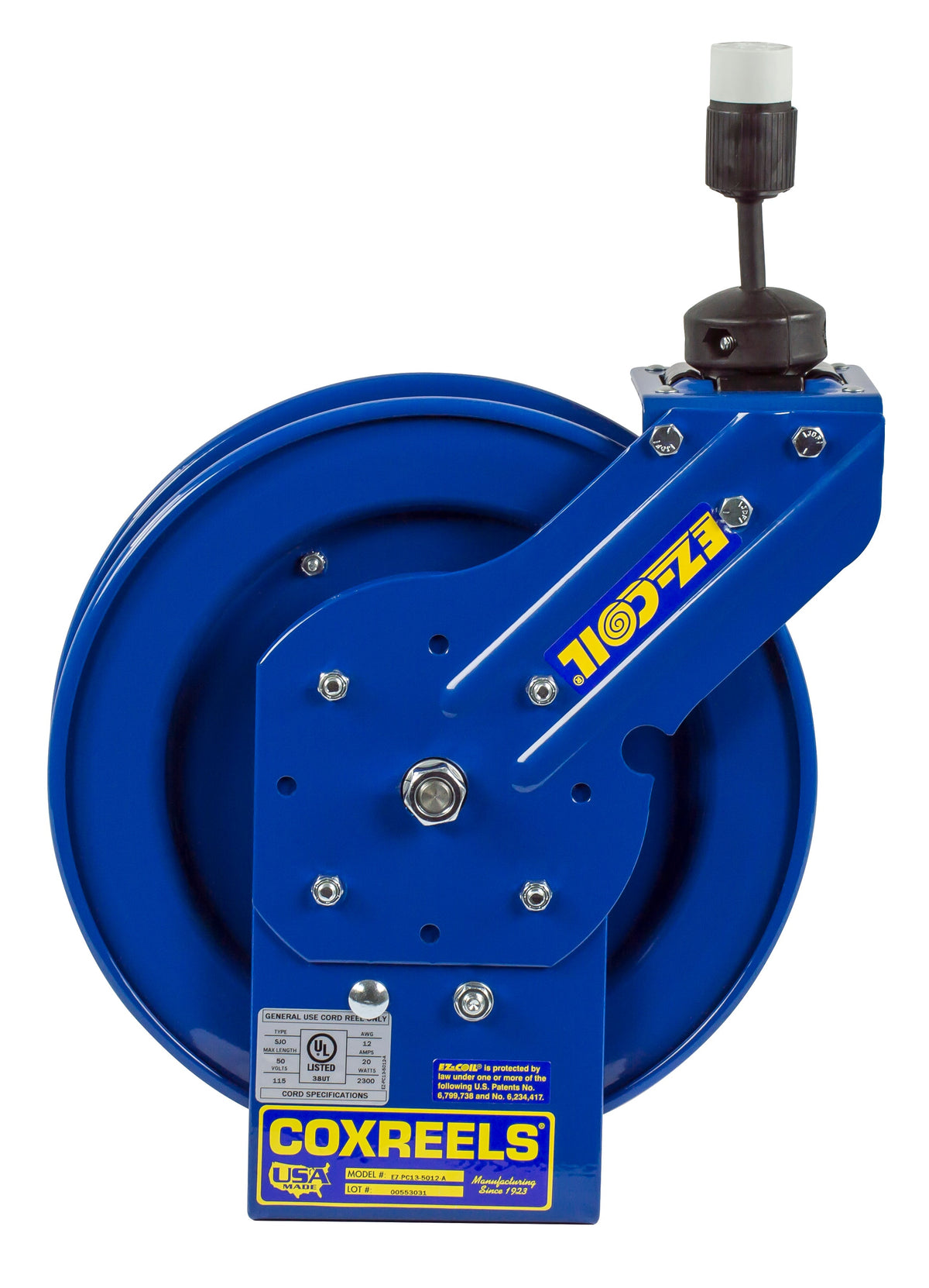 EZ-PC13-5012-A by Coxreels | EZ-PC Series | EZ-Coil Safety Spring Driven Power Cord Reel with Single Industrial Receptacle | 12/3 SJO Cord, 13A, 115V | Steel | 50ft Cord Included
