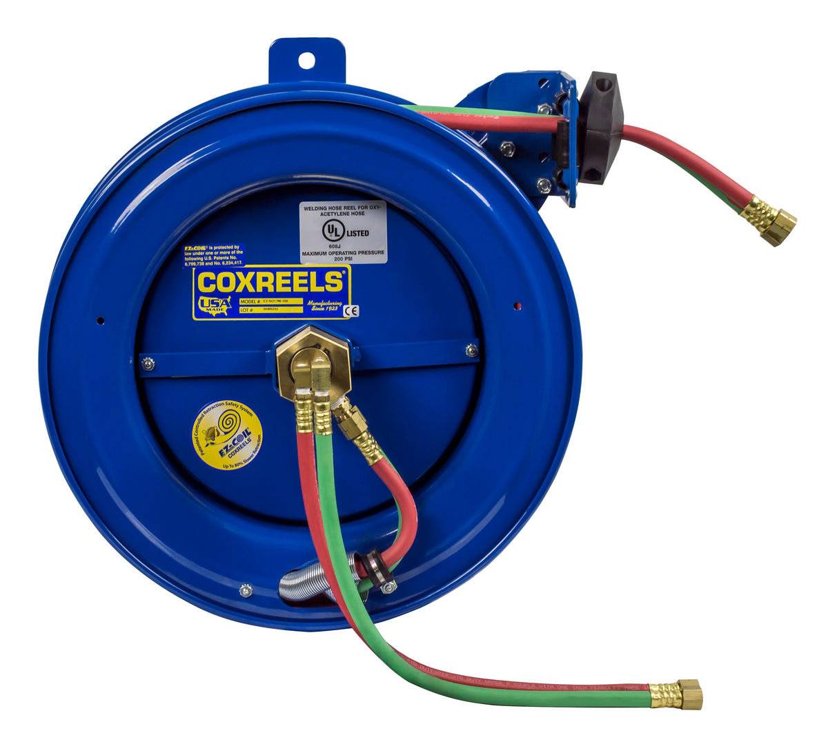 EZ-SG19WT-175 by Coxreels | EZ-SGW Series | 200 PSI Side Mount EZ-Coil Safety Spring Driven Hose Reel with Guide Arm for Oxy-Fuel Welding (T-Grade) | 1/4" Hose ID, 1/4" FNPT Inlet x 1/4" MNPT Hose End | Steel | 75ft Neoprene Hose Included