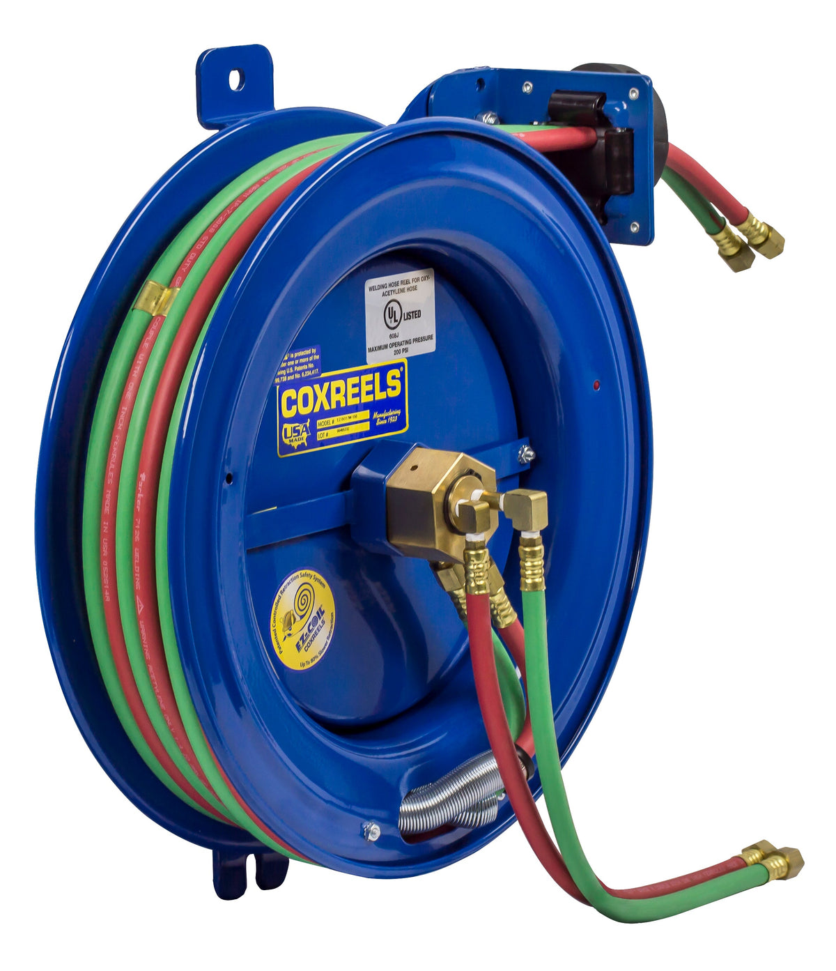 EZ-SG19WT-175 by Coxreels | EZ-SGW Series | 200 PSI Side Mount EZ-Coil Safety Spring Driven Hose Reel with Guide Arm for Oxy-Fuel Welding (T-Grade) | 1/4" Hose ID, 1/4" FNPT Inlet x 1/4" MNPT Hose End | Steel | 75ft Neoprene Hose Included