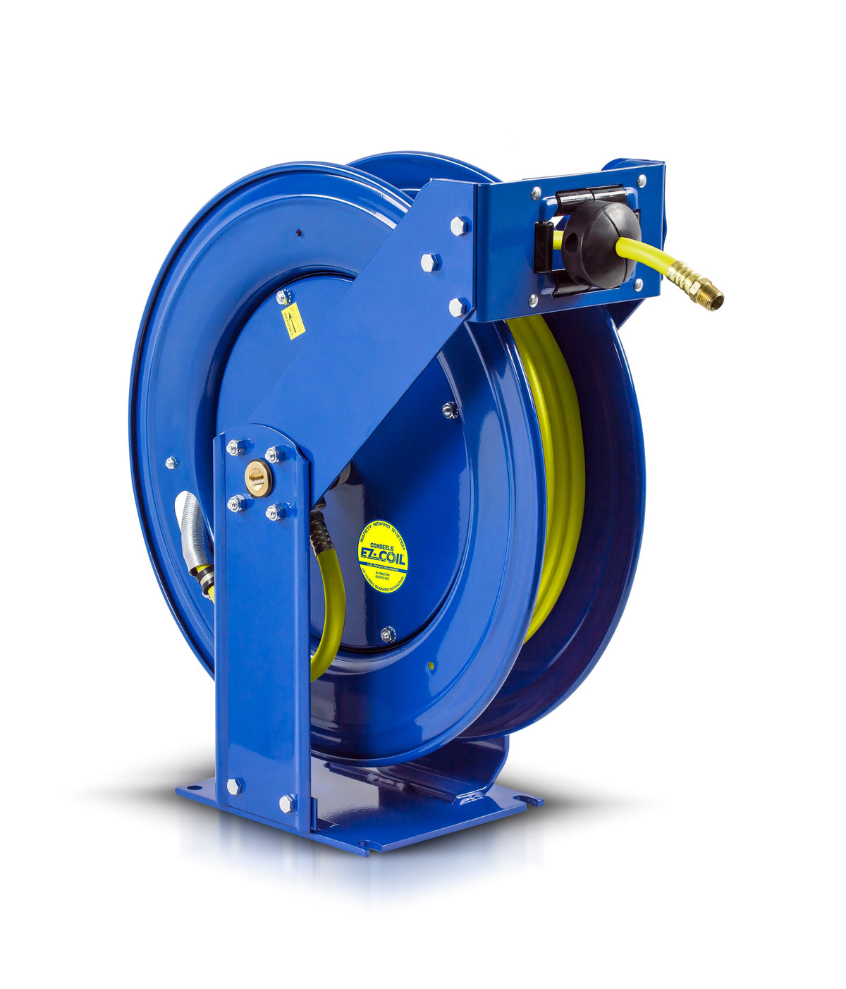 EZ-TSH-3100-HV by Coxreels | EZ-T HI-VIS Series | 300 PSI EZ-Coil Safety Spring Driven Hose Reel for Air & Water | 3/8" Hose ID, 3/8" FNPT Inlet x 3/8" MNPT Hose End | Steel | 100ft PVC/Rubber Hybrid Hose Included