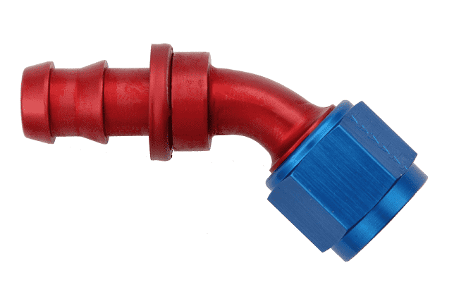 FBM1525 (FCM1525) Eaton Aeroquip® -12 SOCKETLESS™ S.A.E. 37° (JIC/AN) 45° Elbow Fitting - Red/Blue Anodized Aluminum