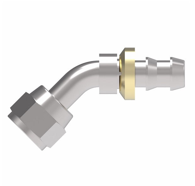 FC5847-0606S Aeroquip by Danfoss | Female 37° JIC Swivel 45° Elbow Socketless Reusable Hose Fitting | FC Series | -06 Female 37° JIC Swivel x -06 Push-On Hose Barb | Steel