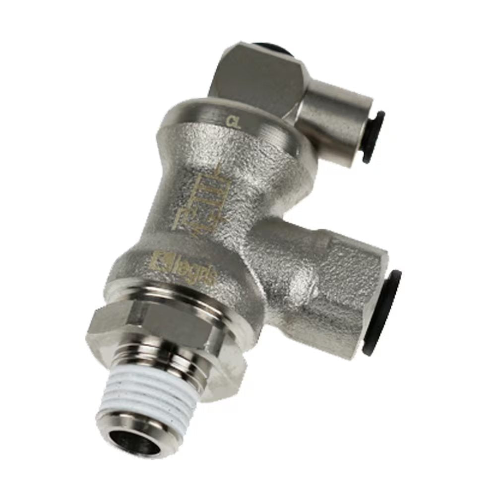 FC601-10M-6R by Parker | Push-to-Connect Lock Out Valve | 10 mm Push-to-Connect x 3/8" Male BSPT Thread | 56 mm Length | Multi-Plane Swivel | Brass