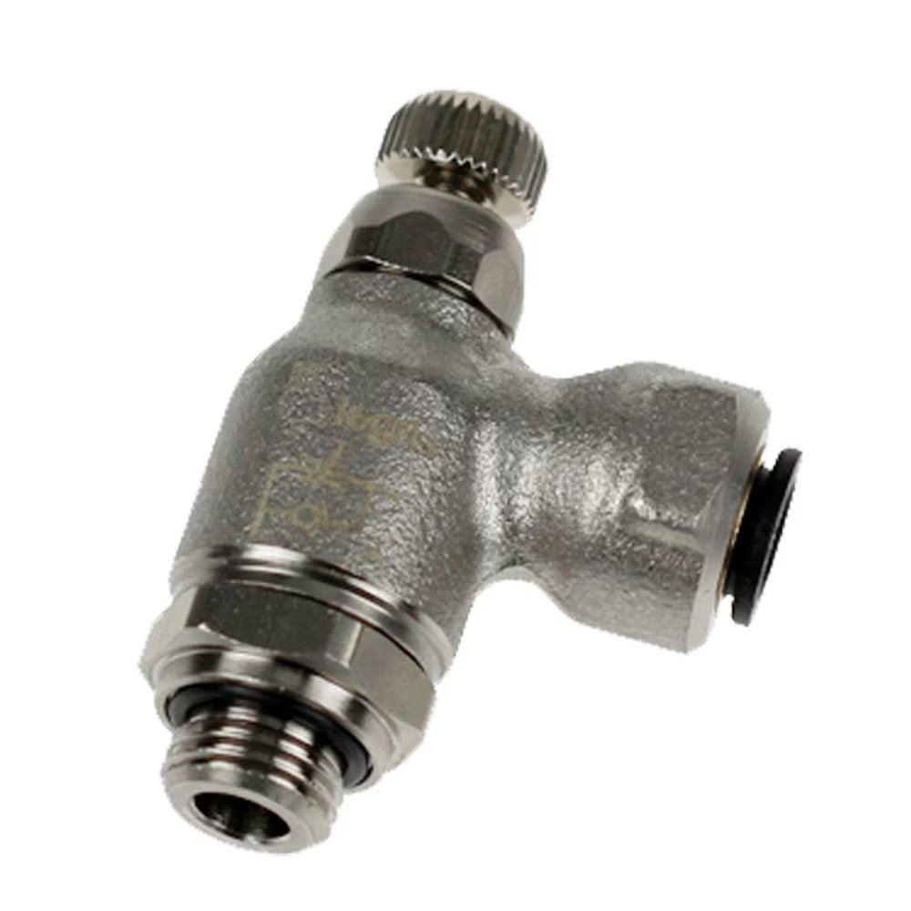 FC701-14M-8G by Parker | Push-to-Connect Meter Out Metal Flow Control | 14 mm Push-to-Connect x 1/2" Male BSPP Thread | 25 mm Height | 90° Elbow | Nickel Plated Brass