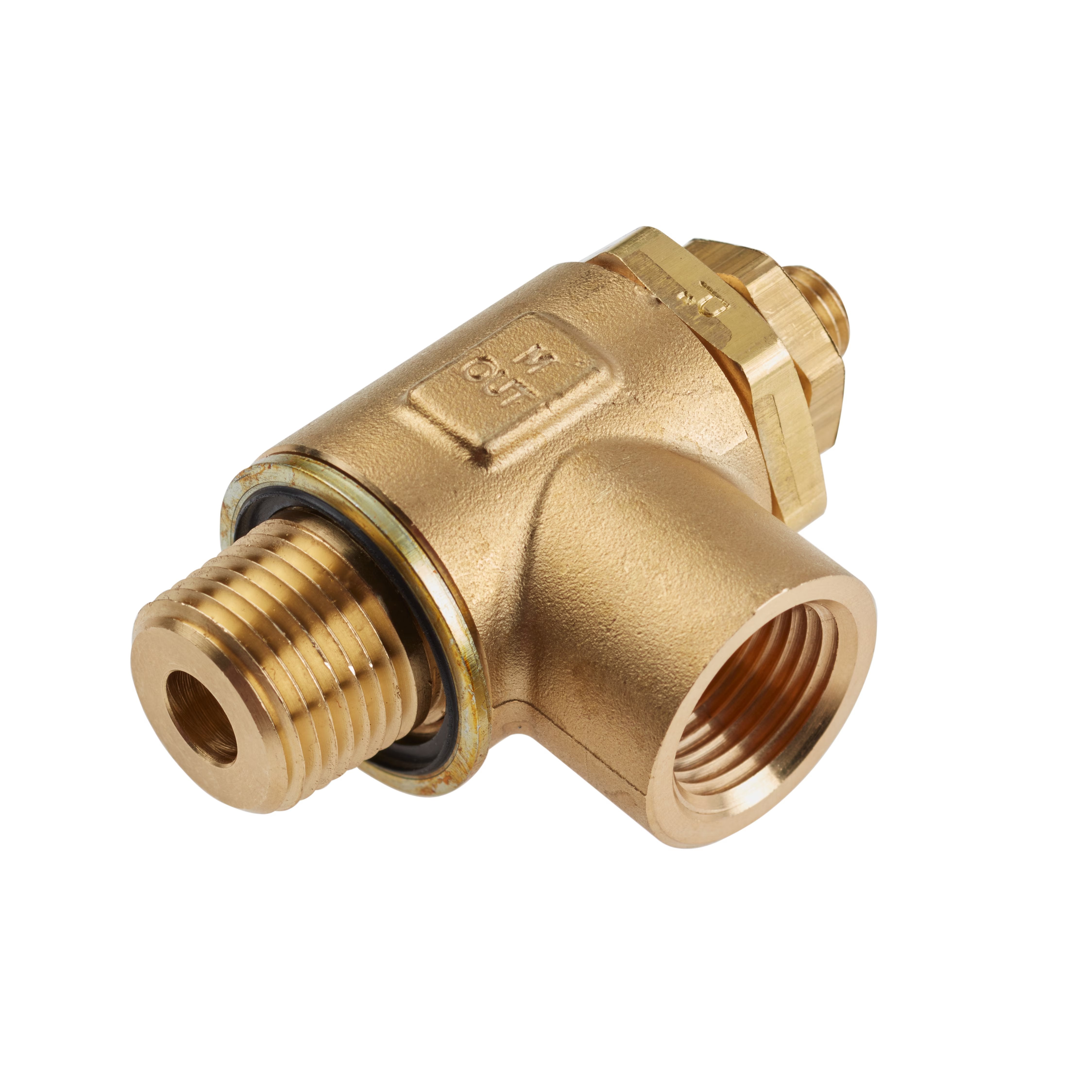 FC703-4G by Parker | Threaded Port Meter Out Metal Flow Control | 1/4" Female NPT x 1/4" Male BSPP Thread | 15/16" Hex | 2.52" Length | 90° Elbow | Brass