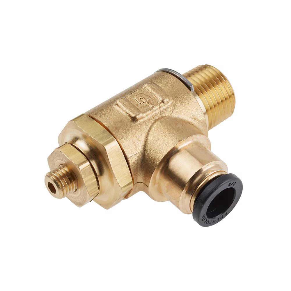 FC703-6-6 by Parker | Push-To-Connect Meter Out Metal Flow Control | 3/8" Push-to-Connect x 3/8" Male NPT Thread | 15/16" Hex | 2.44" Length | 90° Elbow | Brass | Pack of 75