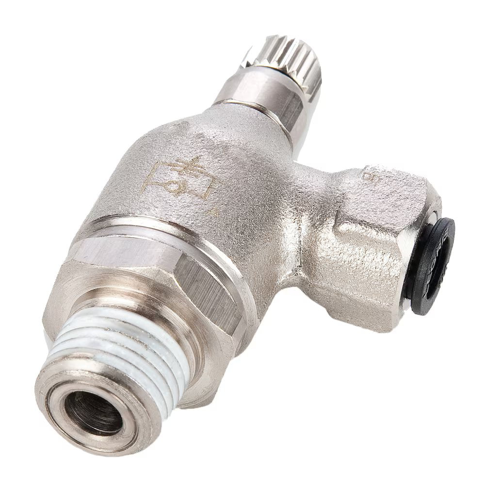 FC705-6-6 by Parker | Push-to-Connect Meter Out Metal Flow Control | 3/8" Push-to-Connect x 3/8" Male NPT Thread | 25mm Height | 90° Elbow | Nickel Plated Brass