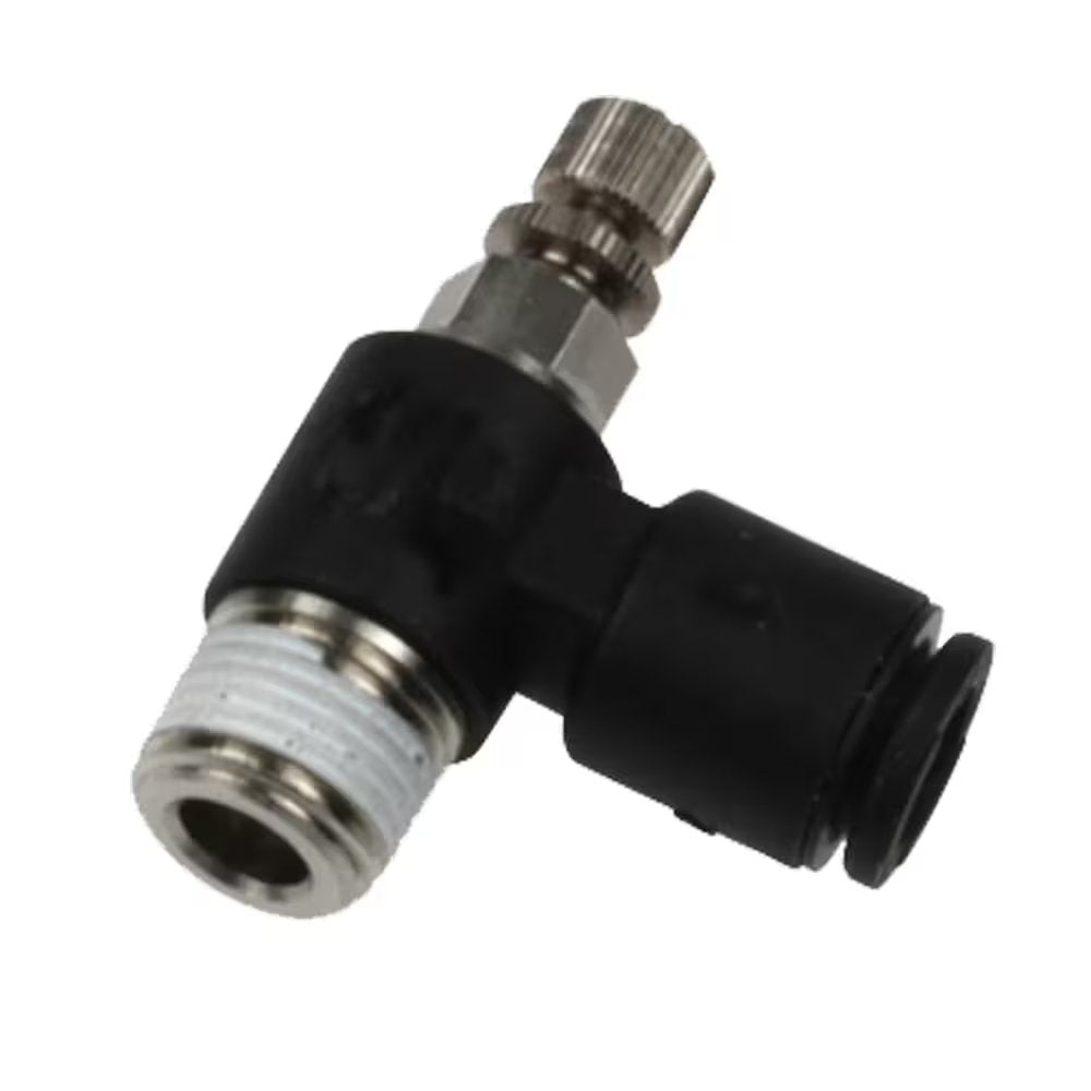 FCM731-6M-6R by Parker | Miniature Flow Controls | 6mm Push-to-Connect x 3/8" Male BSPT Thread | 17mm Hex | 90° Elbow | Glass-Reinforced Nylon | Pack of 10