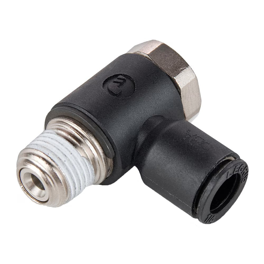 FCKC731-4M-0 by Parker | Compact Flow Controls | 5/32" Push-to-Connect x 10-32" Male NPT Threat | N/A Hex | 90° Elbow | Composite Polymer | Pack of 10