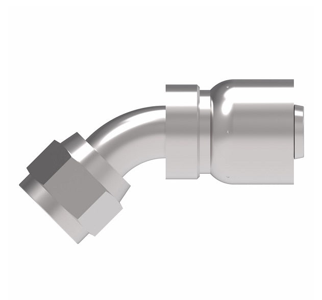 FJ3243-1010S Aeroquip by Danfoss | Female Universal Swivel 45° Elbow 100R5 Crimp Fitting | FJ Series | -10 Female JIC Swivel (Also Couples w/ SAE 45° Flare) x -10 Hose Barb | Steel