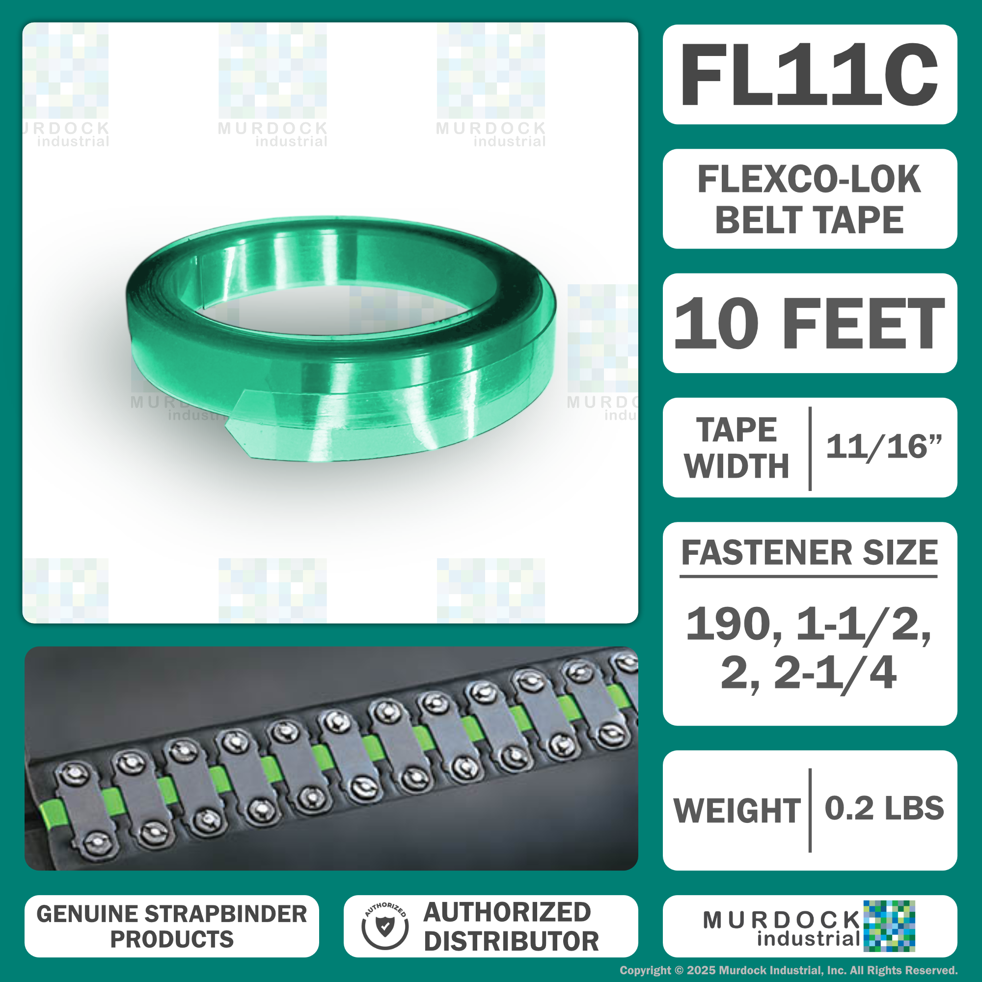 FL11C by Flexco | #30889 | Flexco-LOK® Belt Tape | For Fastener # 190, 1-1/2, 2, 2-1/4 | Tape Width: 11/16" | For Installation of Bolt Solid Plate Fastening Systems