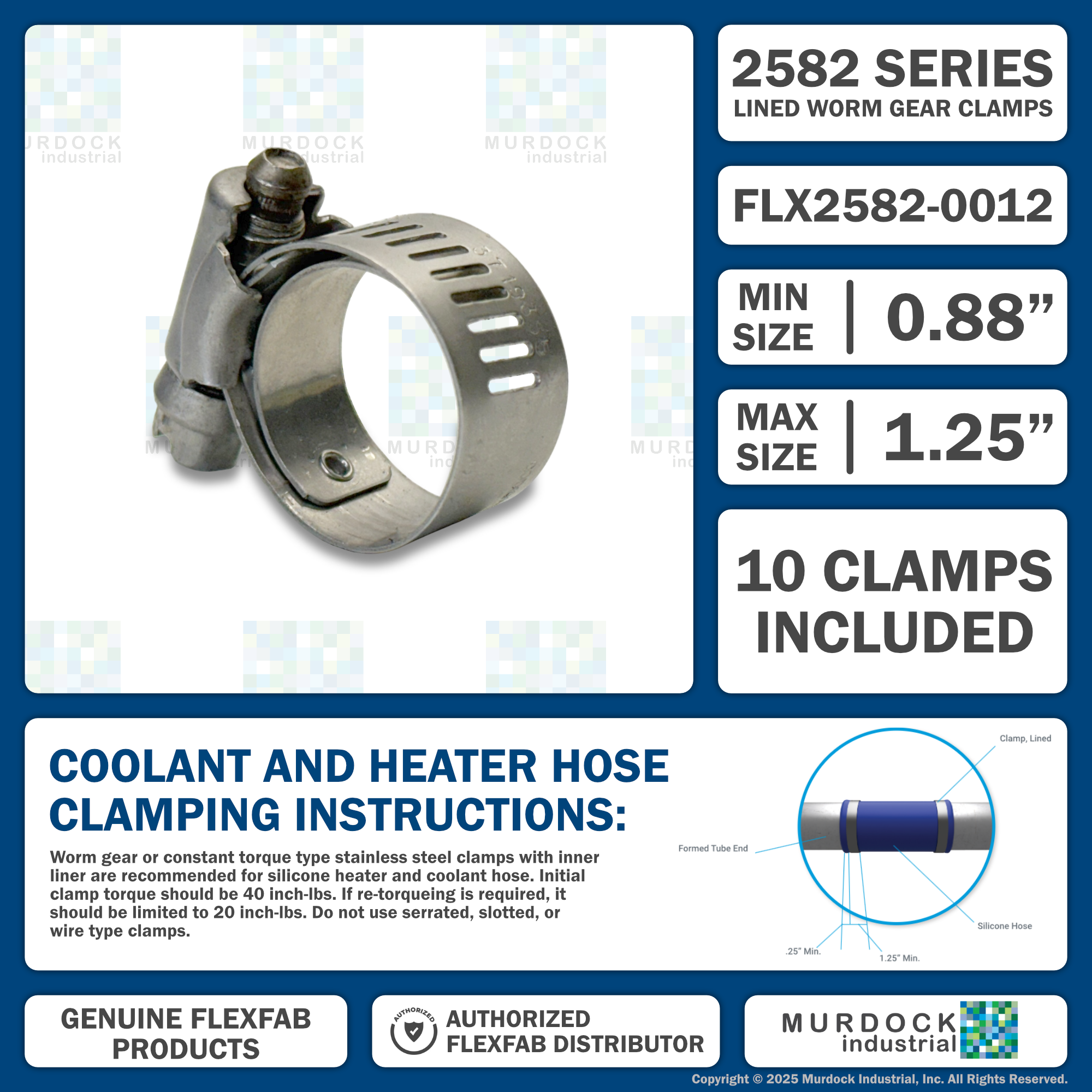 FLX2582-0012 by FlexFab | Series 2582 | Lined Worm Gear Clamps | 0.88" Min Dia | 1.25" Max Dia | 10 Per pack