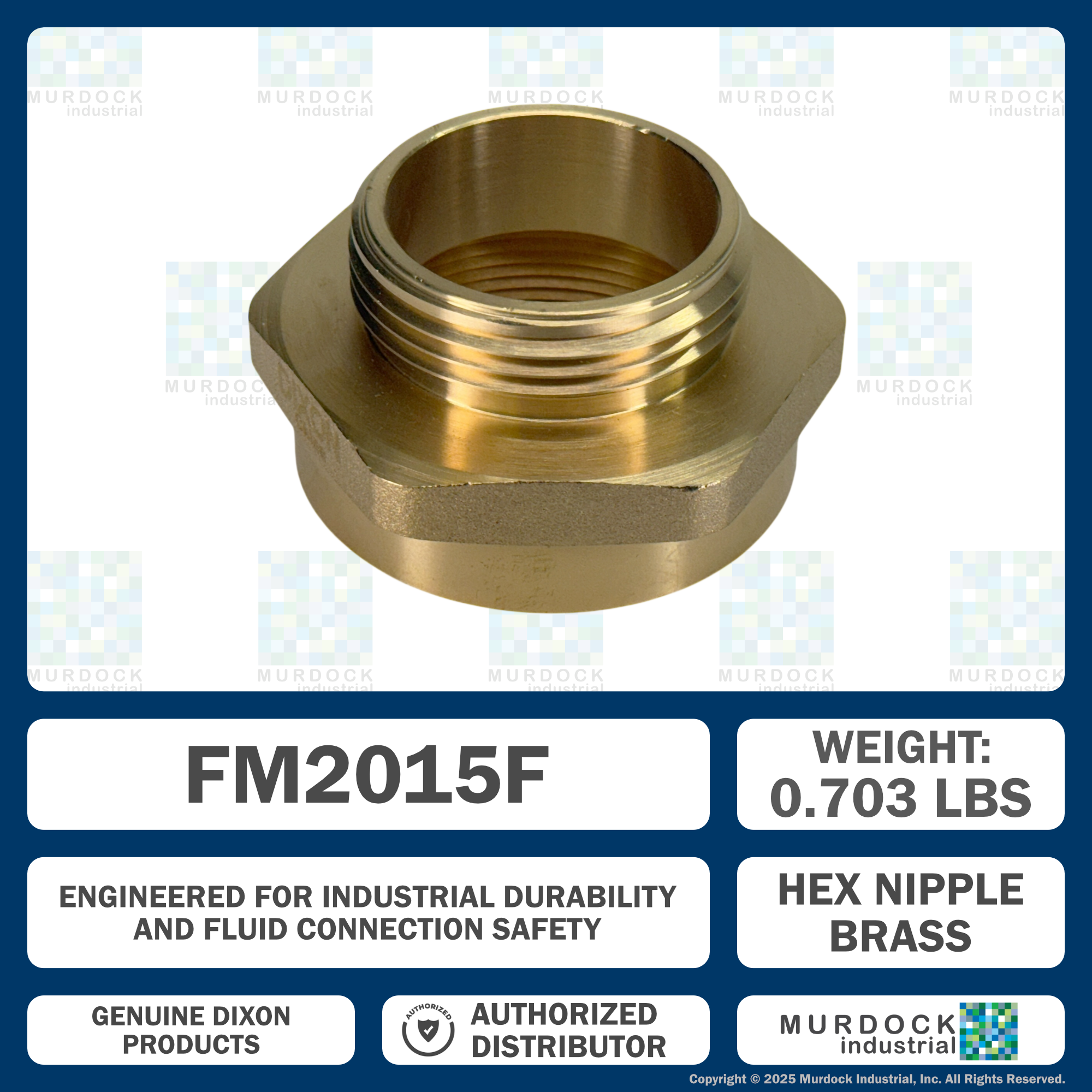 FM2015F Dixon Cast Brass Female to Male Hex Nipple - Increaser / Reducer - 2" Female NPT x 1-1/2" Male NST(NH)