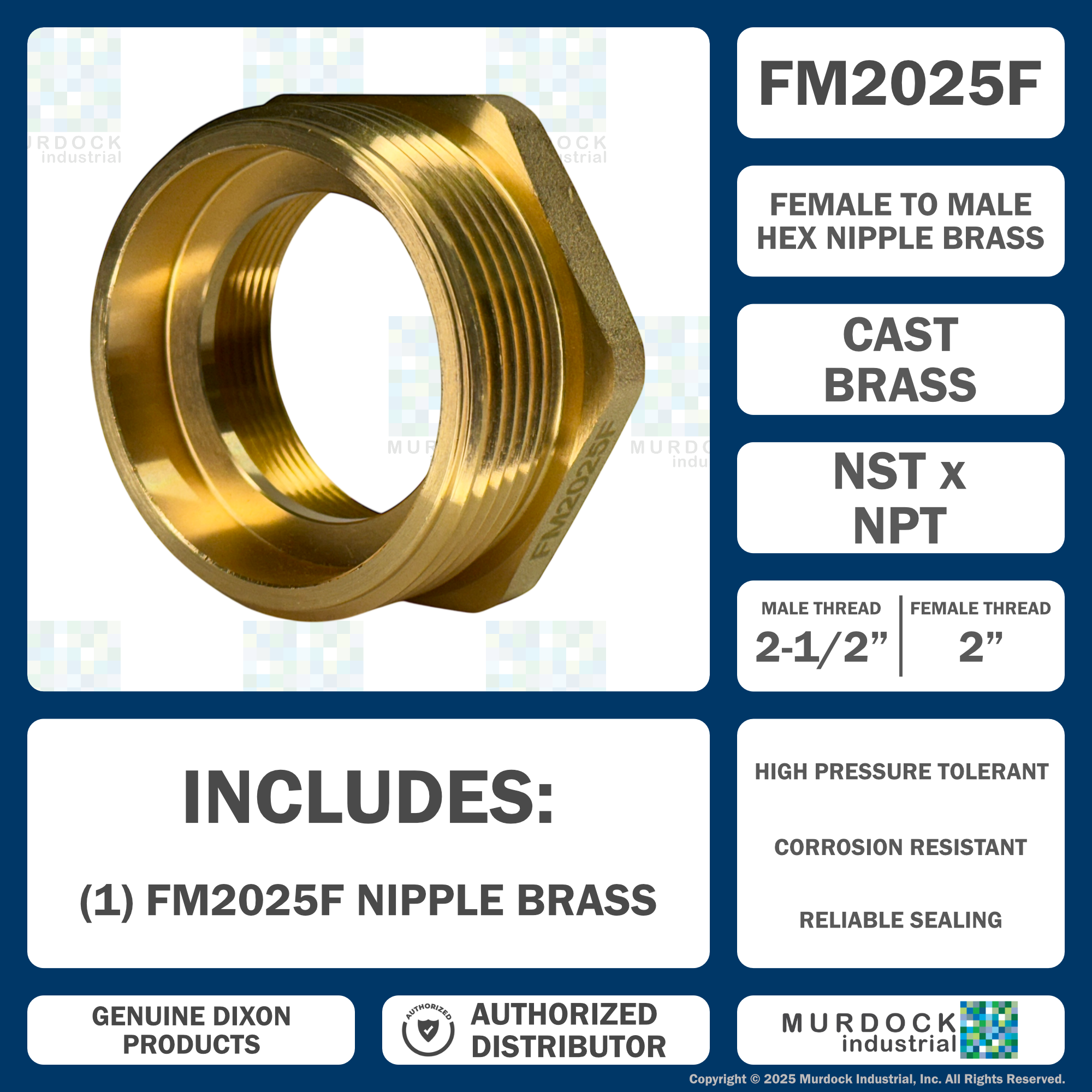 FM2025F Dixon Cast Brass Female to Male Hex Nipple - Increaser / Reducer - 2" Female NPT x 2-1/2" Male NST(NH)