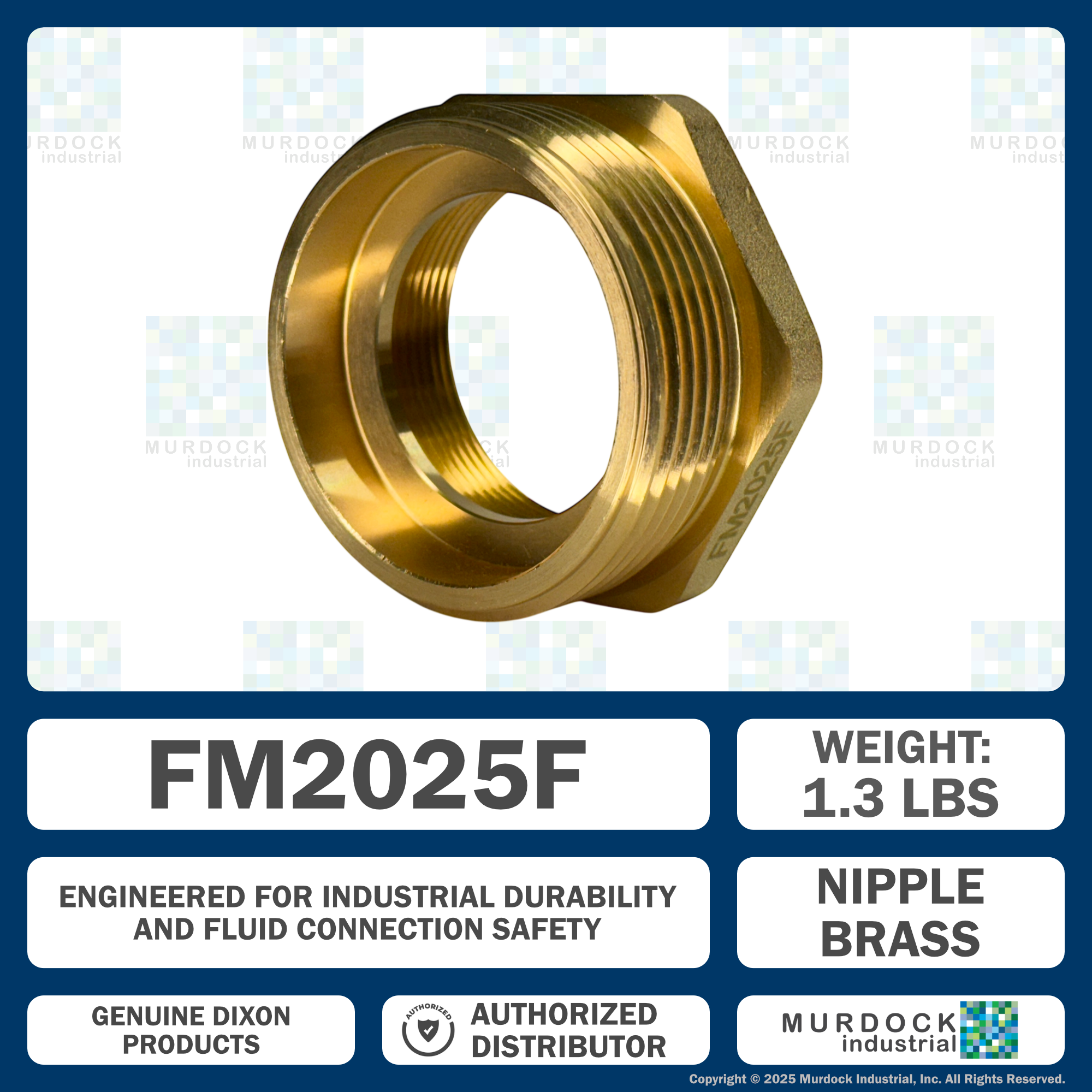 FM2025F Dixon Cast Brass Female to Male Hex Nipple - Increaser / Reducer - 2" Female NPT x 2-1/2" Male NST(NH)
