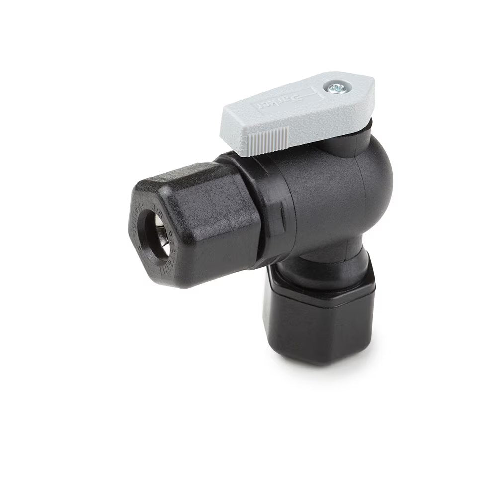 FTPPB4VEU4 by Parker | Ball Valve | 1/4" Tube Size 1 x 1/4" Tube Size 2 | 2.35" Length | 90° Elbow | Black | Polypropylene
