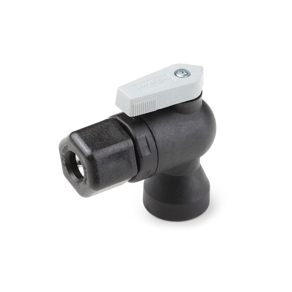 FTPPB8VFE6 by Parker | Ball Valve | 1/2" Tube Size x 3/8" Female NPTF Thread | 2.34" Length | 90° Elbow | Black | Polypropylene