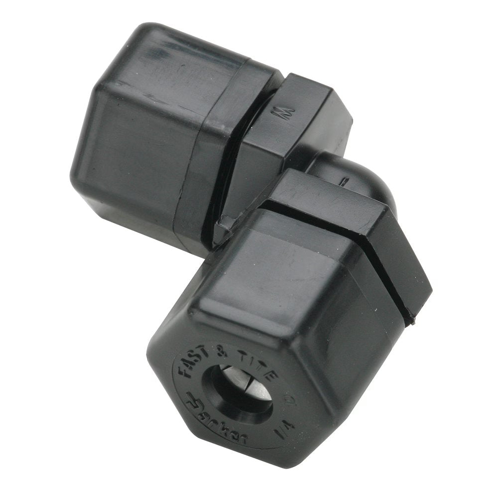 P8EU6 by Parker | Tube to Tube Fitting | 1/2" Tube OD x 3/8" Tube OD | 1-1/16" Hex | 90° Elbow | Black | Polypropylene