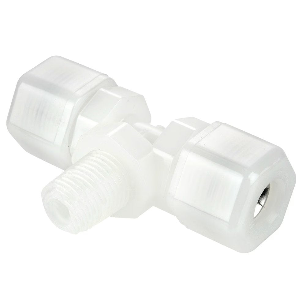 N4MT4 by Parker | Threaded Fitting | 1/4" Tube OD x 1/4" Male NPTF Thread | 11/16" Hex | 2.18" Length | Tee | Natural | Nylon