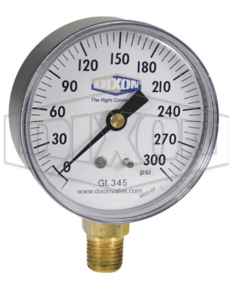 GL345 by Dixon Valve | Standard Dry Gauge | Lower Mount | 2-1/2" Face | 1/4" Lower Mount | 0-300 PSI Range | ABS Plastic
