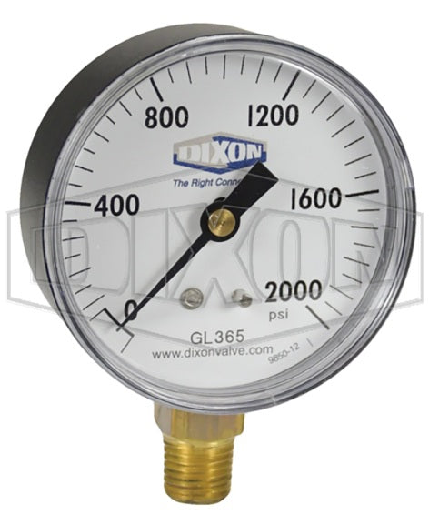 GL365 by Dixon Valve | Standard Dry Gauge | Lower Mount | 2-1/2" Face | 1/4" Lower Mount | 0-2000 PSI Range | ABS Plastic