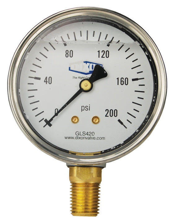 GLS440 by Dixon Valve | Liquid Filled Gauge | Lower Mount | 2-1/2" Face | 1/4" Lower Mount | 0-1500 PSI Range | Stainless Steel Case