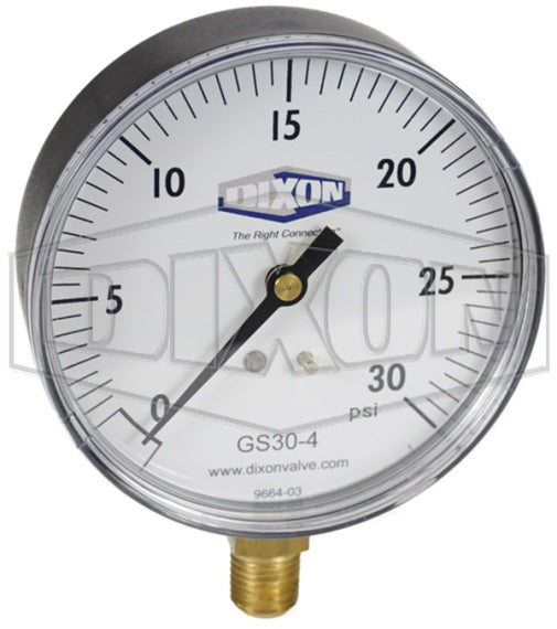 GS30-4 by Dixon Valve | Standard Dry Gauge | Lower Mount | 3-1/2" Face | 1/4" Lower Mount | 0-30 PSI Range | ABS Plastic