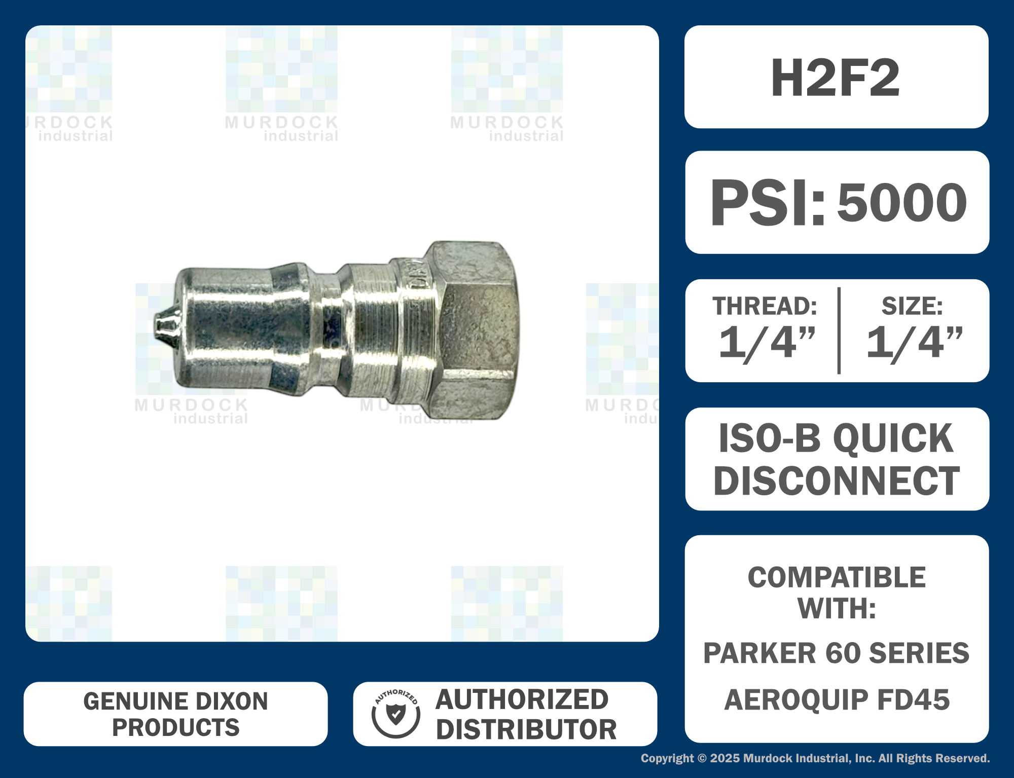 H2F2 by Dixon Valve | Hydraulic Quick Disconnect Coupling | H-Series | 1/4" Female NPTF x 1/4" ISO-B Interchange | Plug | Steel