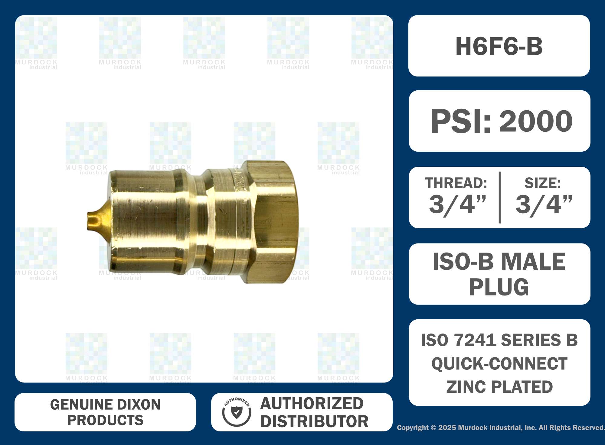 H6F6-B by Dixon Valve | Hydraulic Quick Disconnect Coupling | H-Series | 3/4" Female NPTF x 3/4" ISO-B Interchange | Plug | Brass