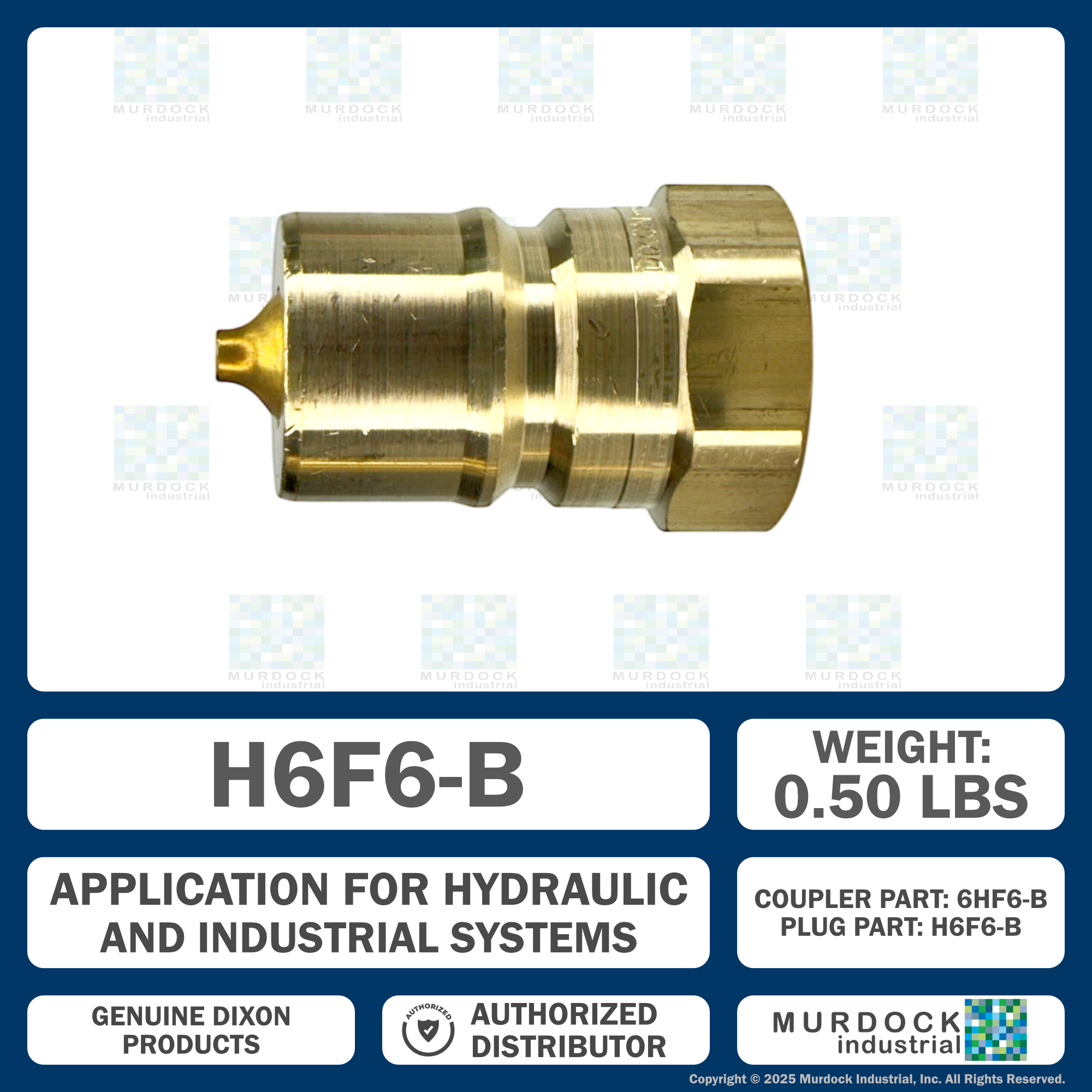 H6F6-B by Dixon Valve | Hydraulic Quick Disconnect Coupling | H-Series | 3/4" Female NPTF x 3/4" ISO-B Interchange | Plug | Brass