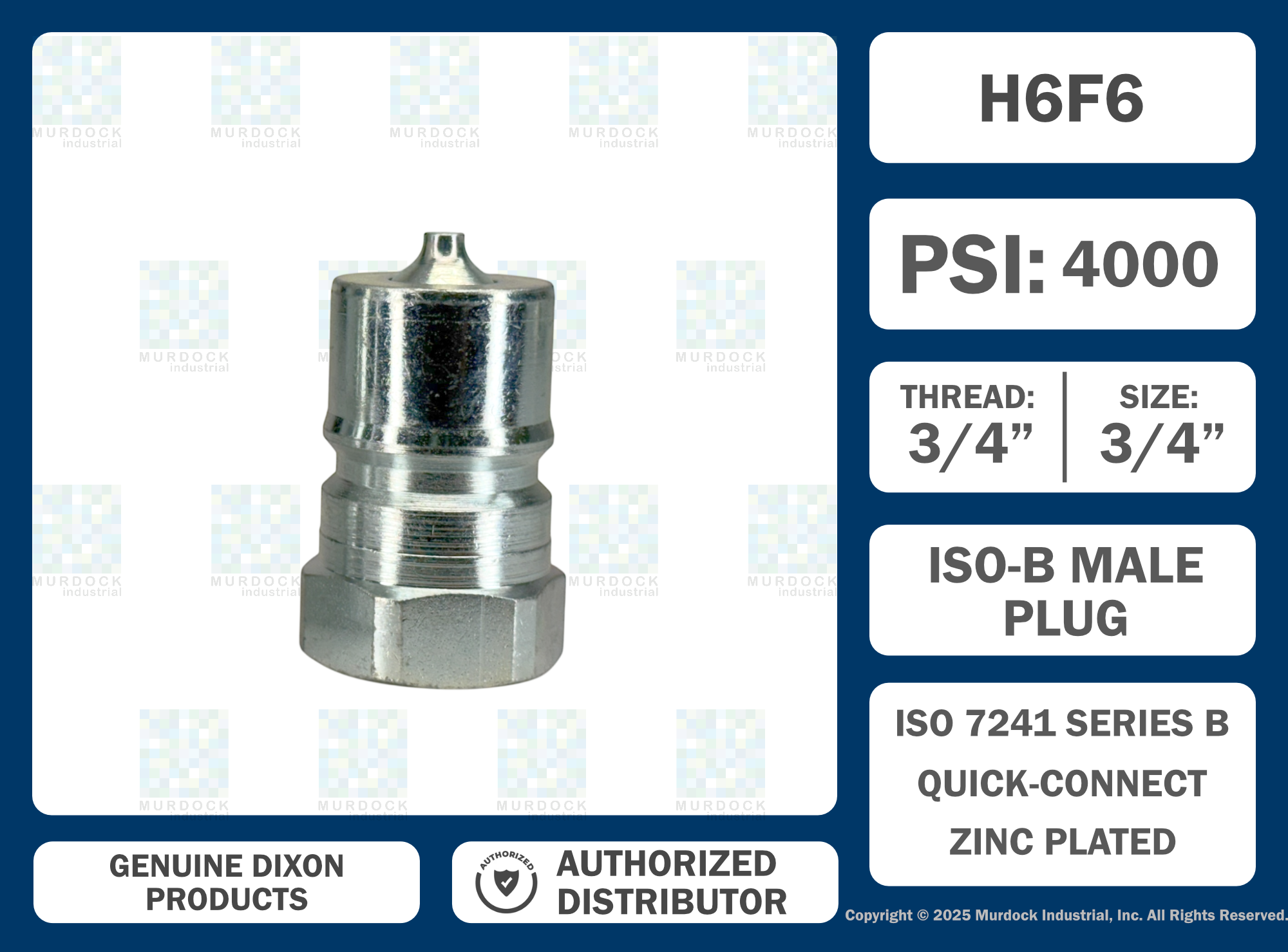 H6F6 by Dixon Valve | Hydraulic Quick Disconnect Coupling | H-Series | 3/4" Female NPTF x 3/4" ISO-B Interchange | Plug | Steel