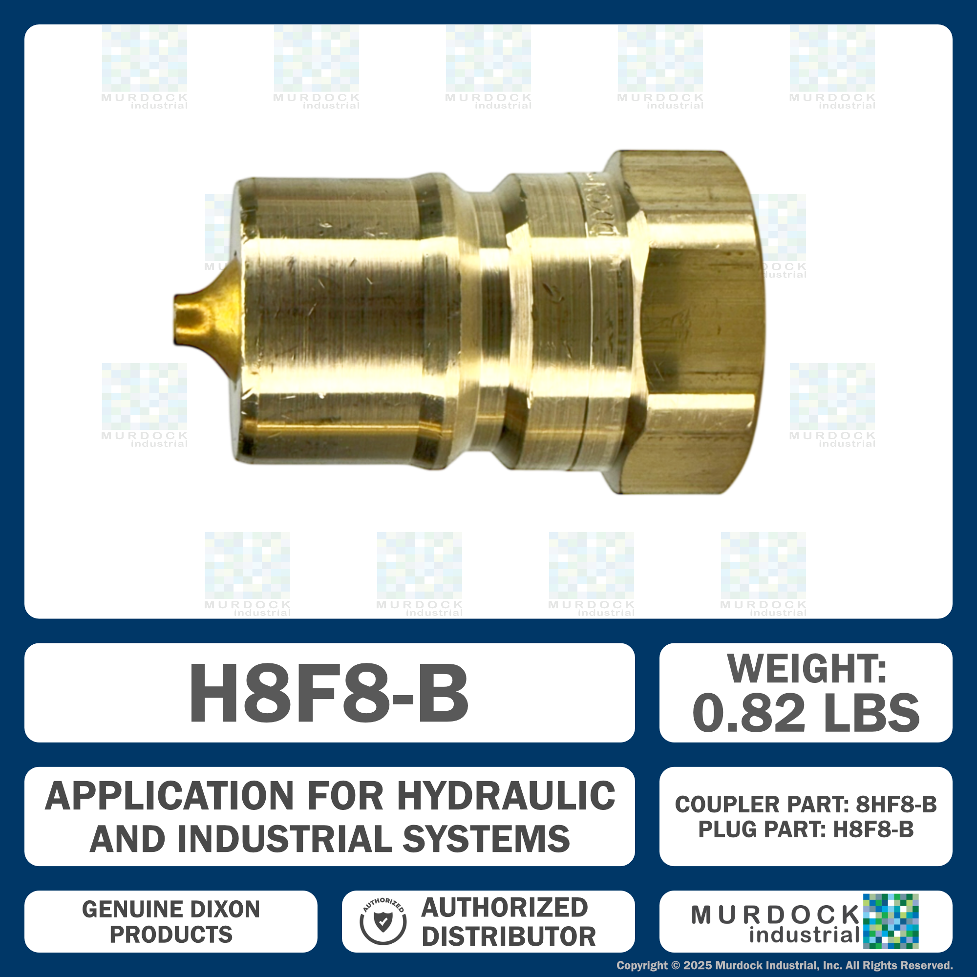 H8F8-B by Dixon Valve | Hydraulic Quick Disconnect Coupling | H-Series | 1" Female NPTF x 1" ISO-B Interchange | Plug | Brass