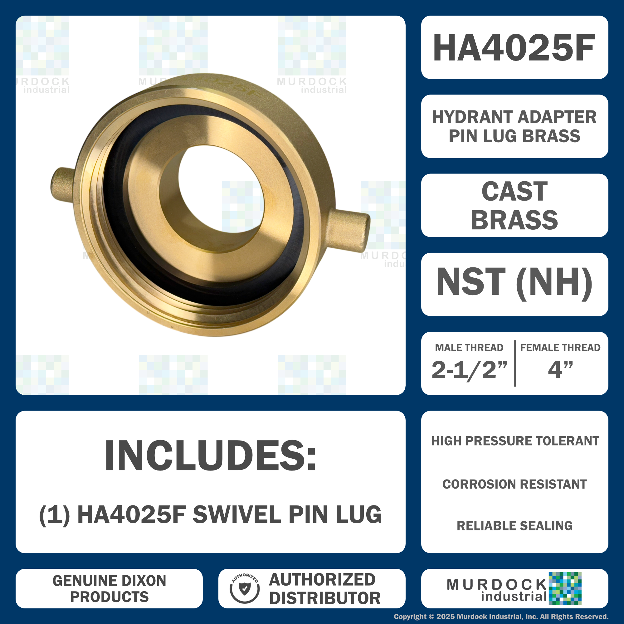 HA4025F Dixon Cast Brass Hydrant Adapter - Pin Lug - Increaser / Reducer - 4" Female NST(NH) x 2-1/2" Male NST(NH)