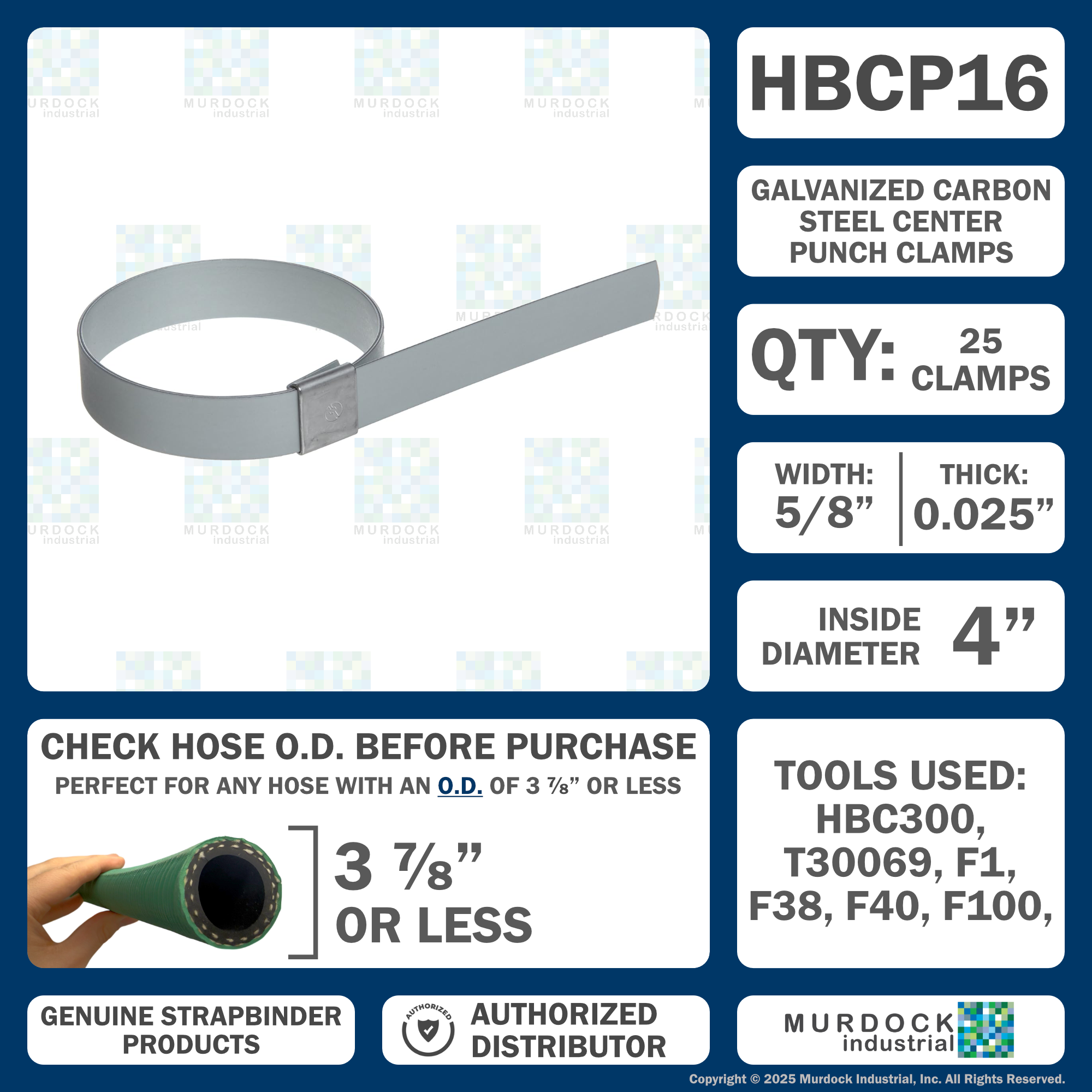 HBCP16 by Strapbinder | Center Punch Clamp | 4" ID | 5/8" Width | .027" Thickness | Galvanized Carbon Steel | Box of 25