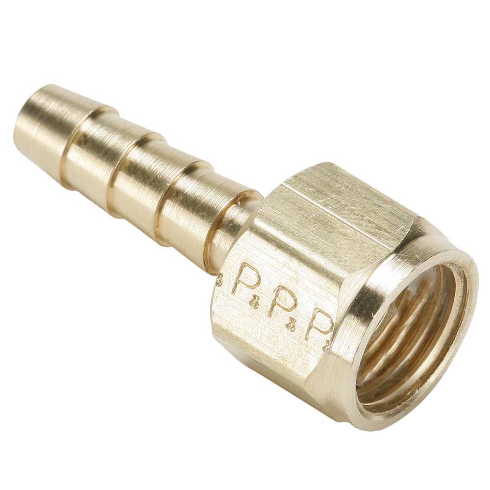 146HBLFSV-4-4 by Parker | Hose Barb Fittings | 1/4" Hose Barb x 7/16" 45° Swivel Female Flare | 9/16" Hex | 1.55" Length | Straight | Brass | Pack of 25